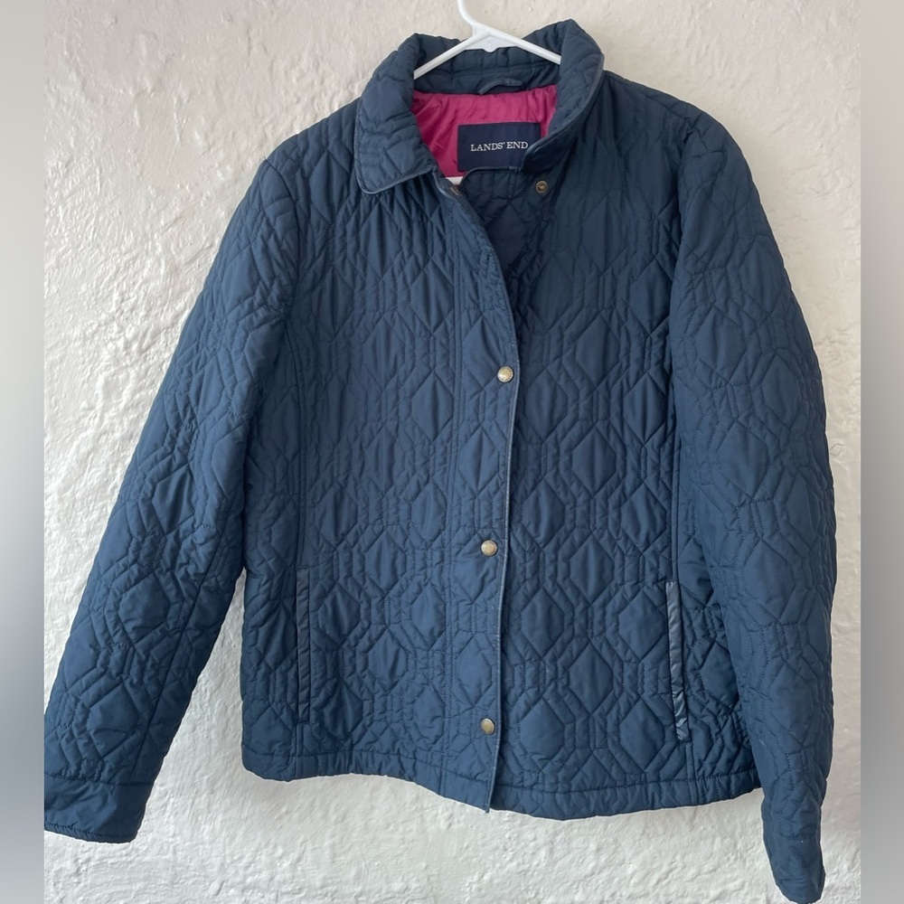 Lands End Womens Size L 14/16 Navy Quilted Primaloft Jacket Packable Snap Front